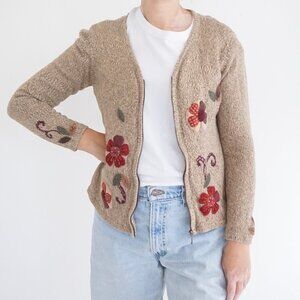 Vintage Crazy Horse Cottagecore Floral Cardigan Neutral Patchwork Embroidery PM